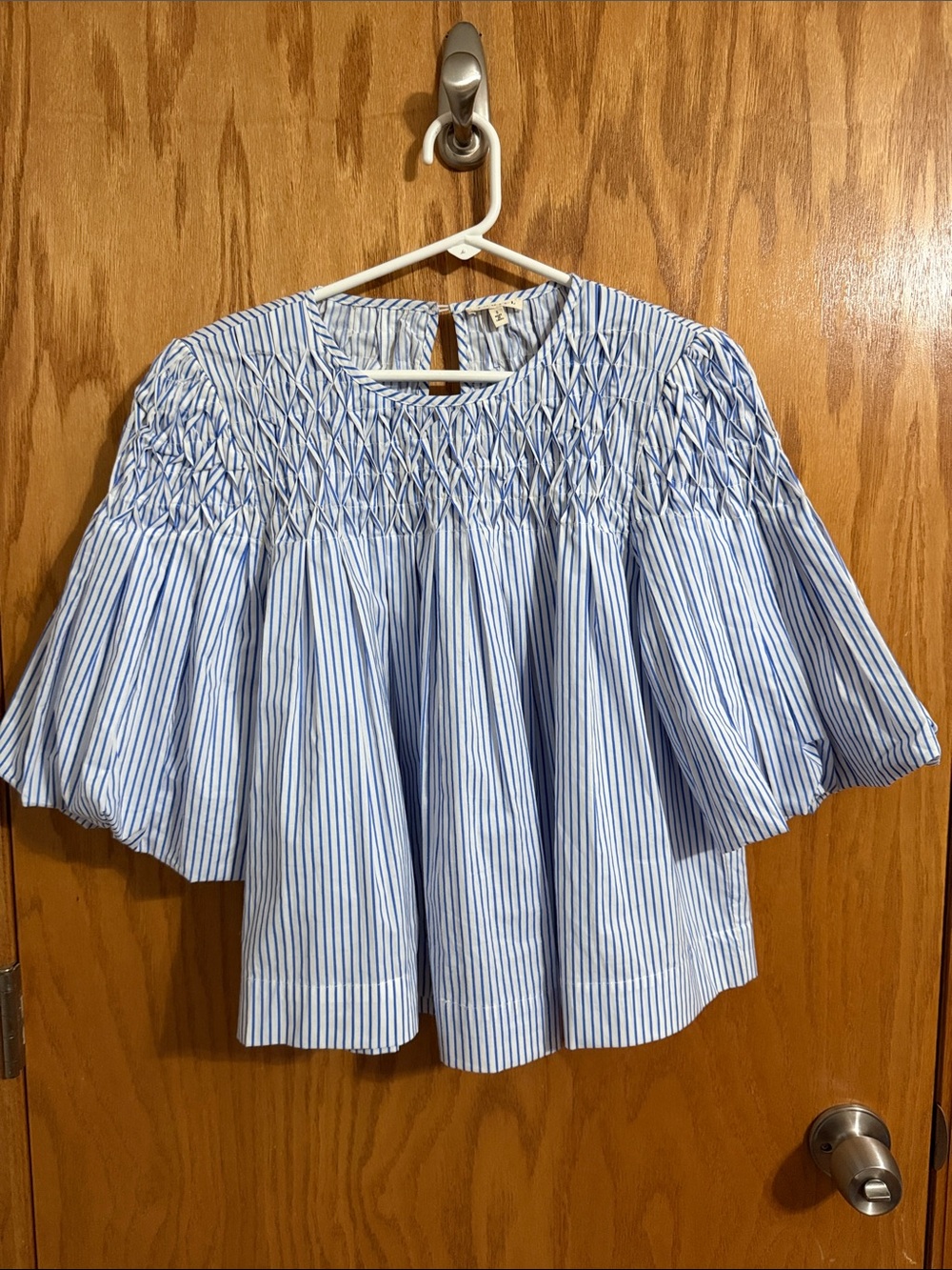 JODIFL Blue and White Striped Smocked Peasant Blouse